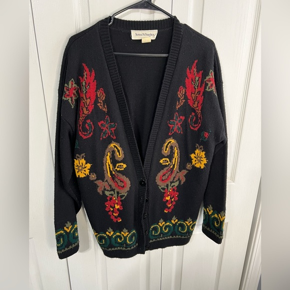 Norton McNaughton Black Knit Cardigan Floral Paisley size large - Picture 1 of 7